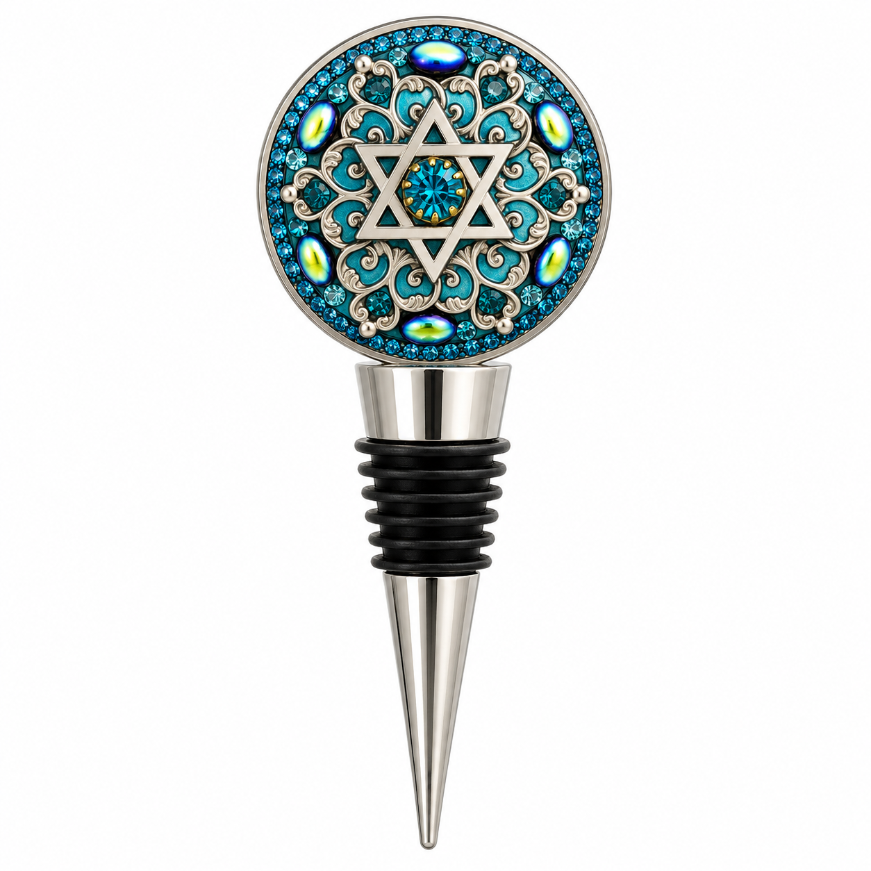 Aqua and Silver Star of David Wine Bottle Topper