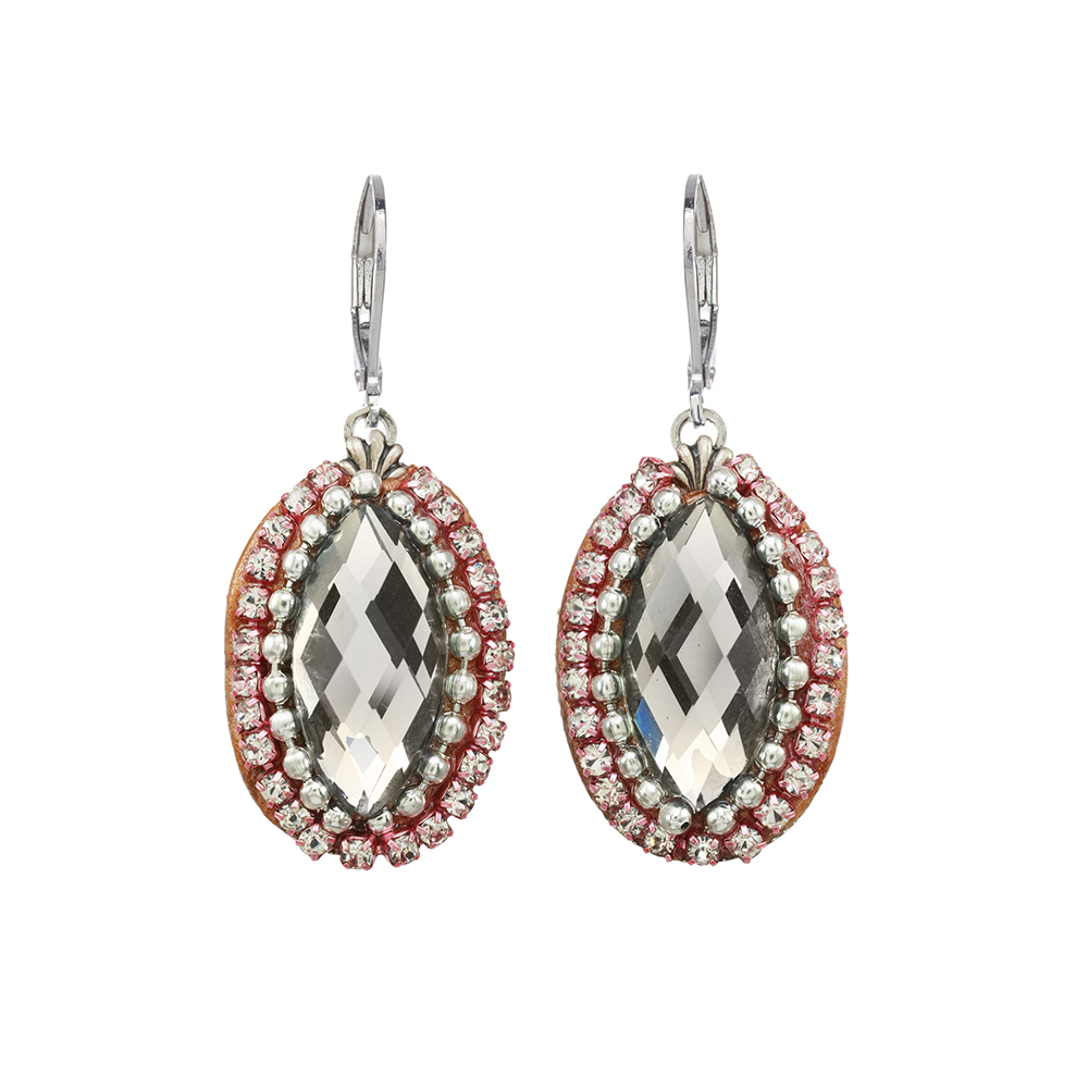 Pink and Silver Crystal Oval Earrings