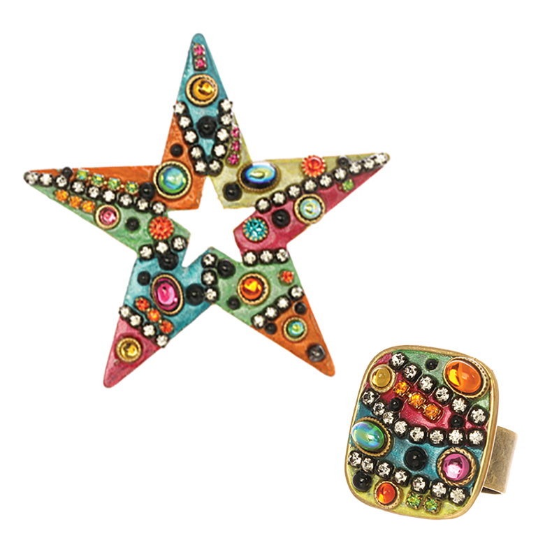 Vibrant Mosaic Pin and Ring Set