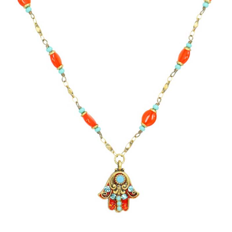 Turquoise and Coral Hamsa Necklace