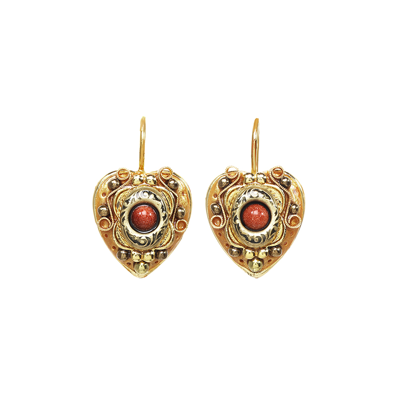 Bright Gold and Goldstone Heart Earrings
