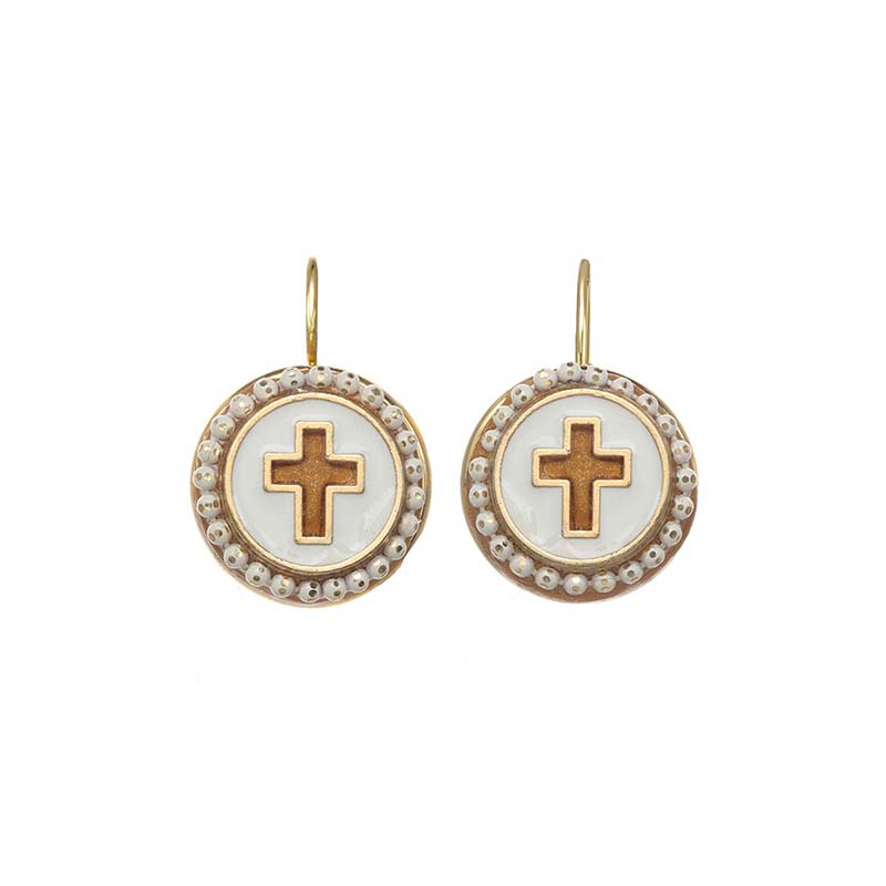 White and Gold Circle Cross Earrings