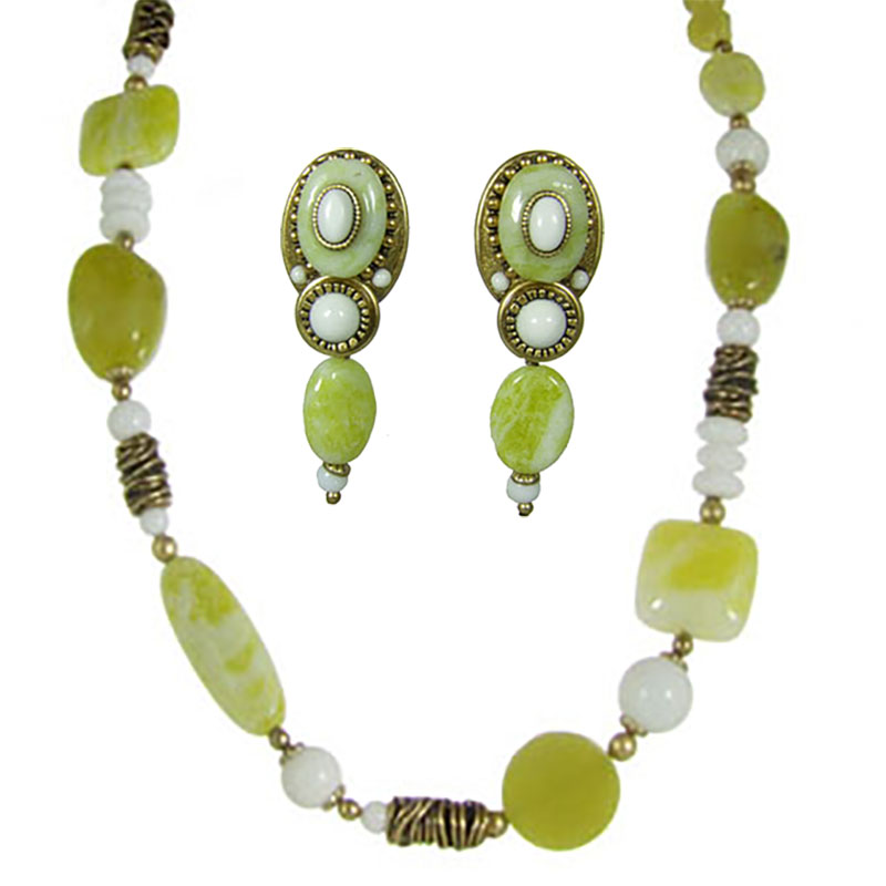Key Lime Green Beaded Necklace & Clip Earrings Set
