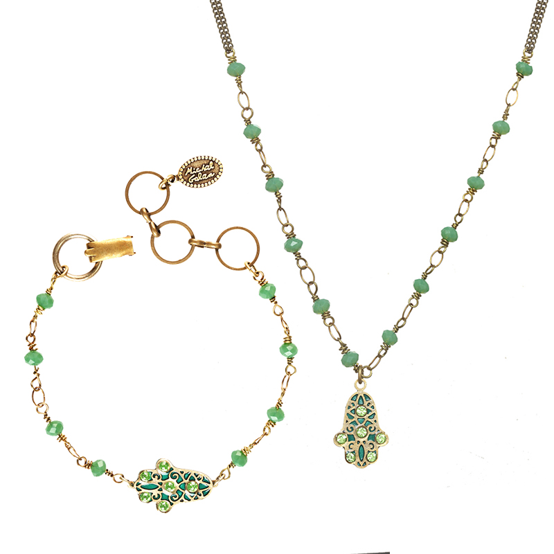 Green Tiny Hamsa Necklace & Bracelet Set