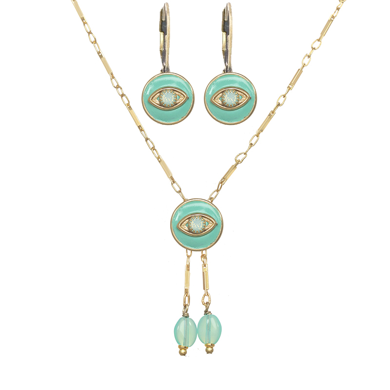 Mint Green Eye Circle Necklace & Earrings Set