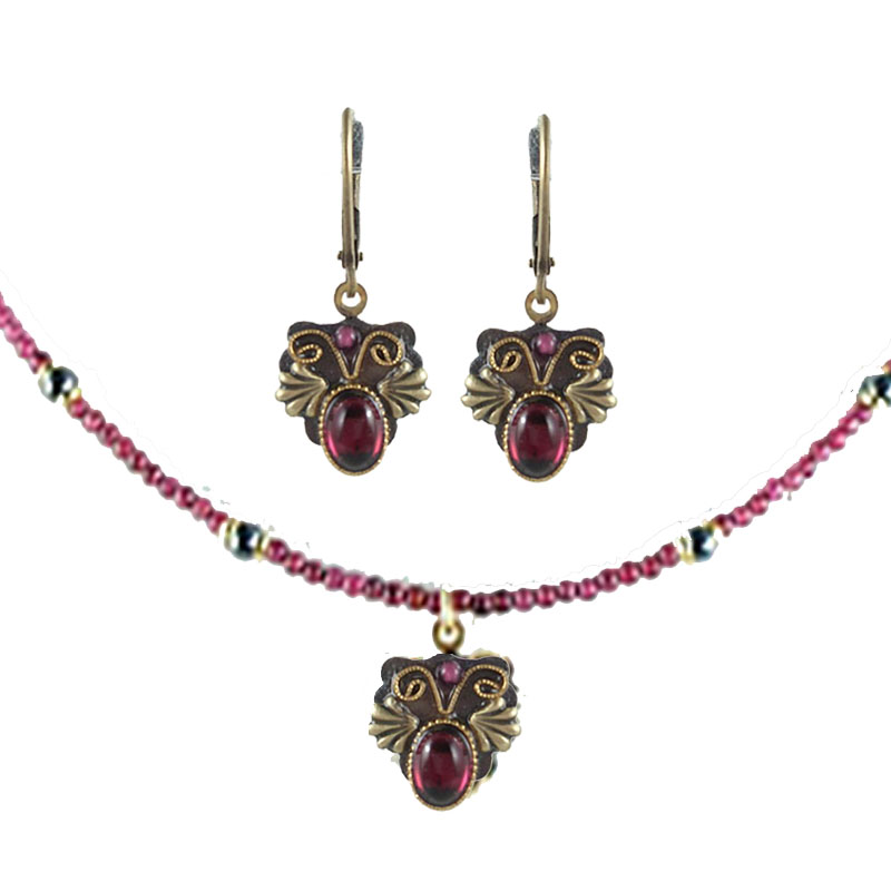 Small Garnet Shield Necklace & Earrings Set