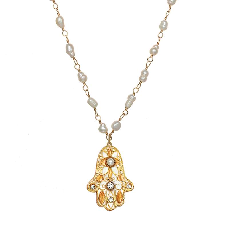 Gold Ornate Mother of Pearl Hamsa Necklace
