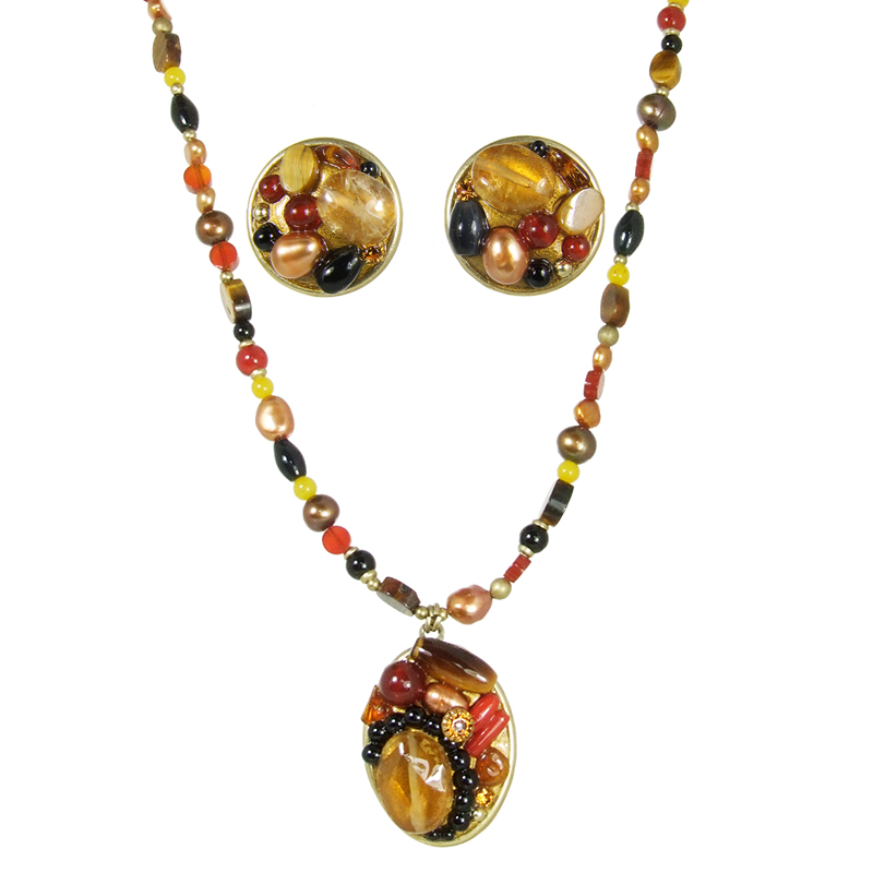 Lava Rock Round Necklace & Earrings Set