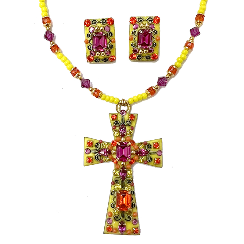 Yellow and Pink Cross Necklace and Clip Earrings Set
