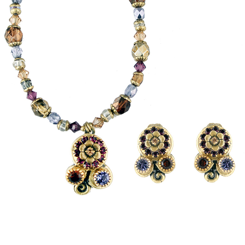 Multi Gold Floral Clip Earrings & Necklace Set