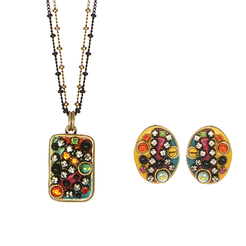 Multicolor Mosaic Necklace & Clip Earrings Set