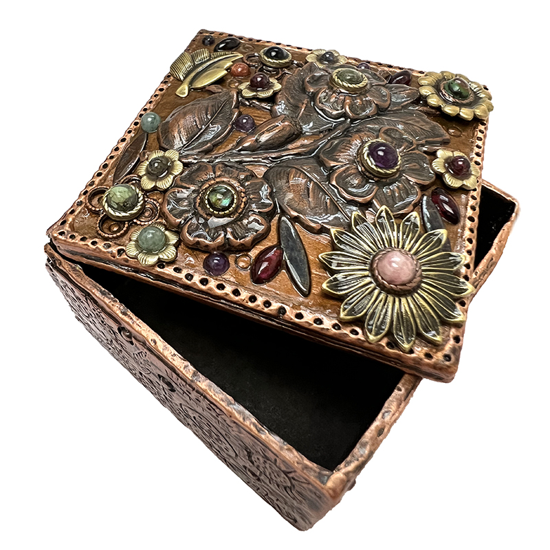 Copper Gemstone Square Floral Jewelry Box