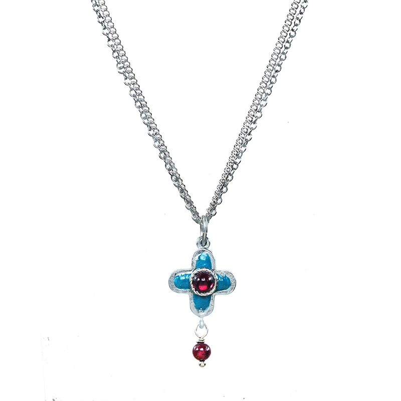 Aqua & Garnet Small Cross Necklace