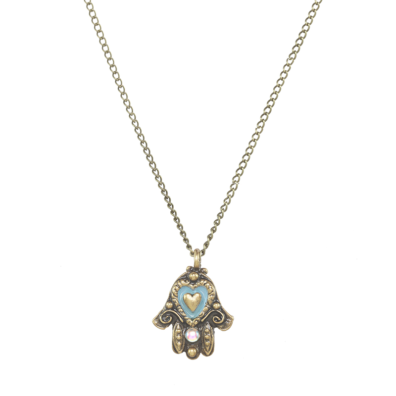 Aqua & Gold Heart Hamsa Necklace