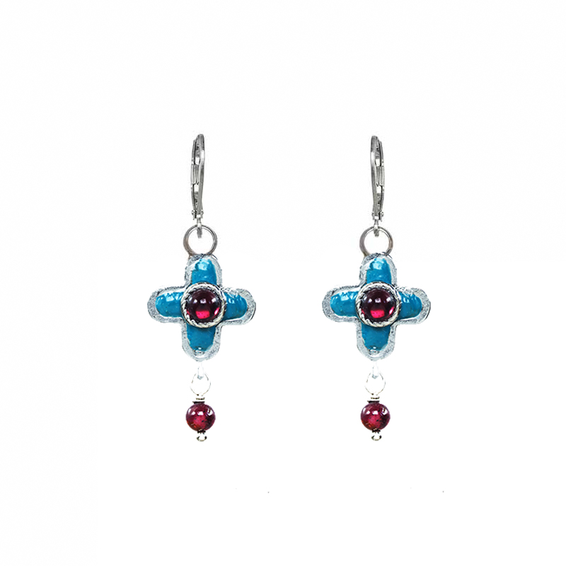 Aqua & Garnet Small Cross Earrings