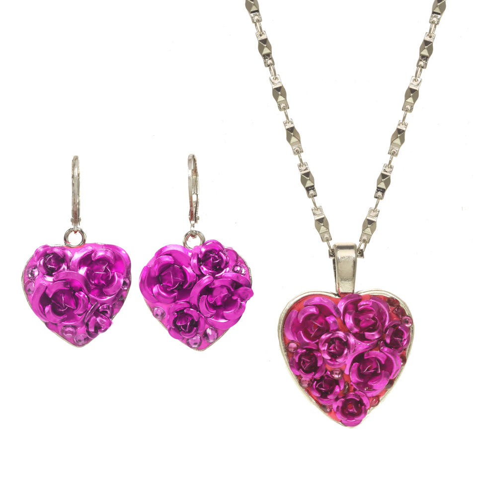 Purple Bouquet Heart Necklace & Earrings Set