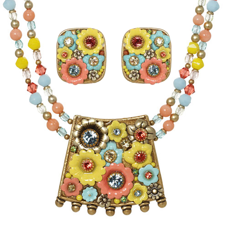 Pastel Flower Necklace & Clip Earrings Set