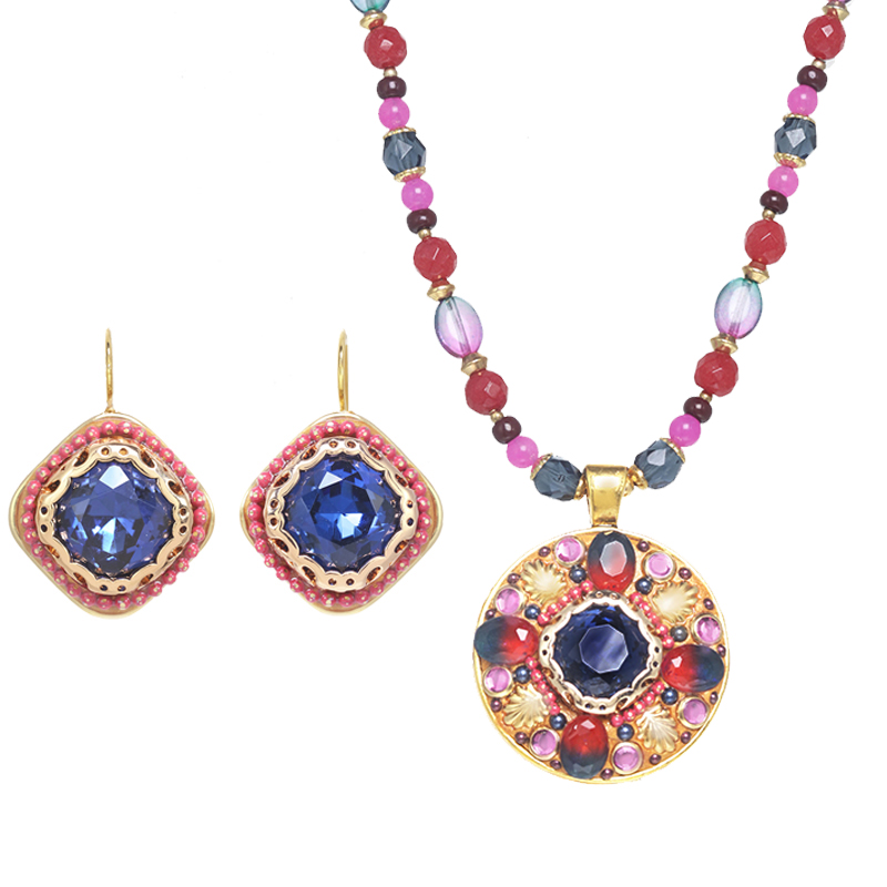 Indigo & Fuchsia Crystal Necklace & Earrings Set