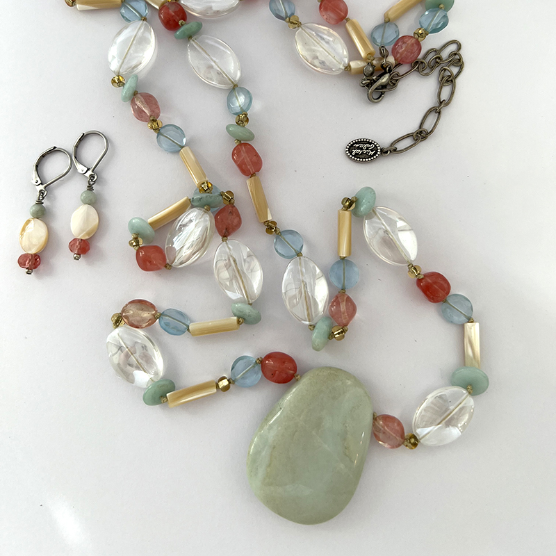 Pastel Gemstone Long Beaded Necklace & Earrings Set