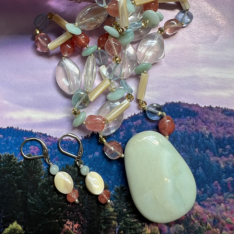 Pastel Gemstone Long Beaded Necklace & Earrings Set