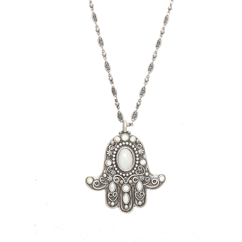 Silver Mother of Pearl Hamsa Necklace