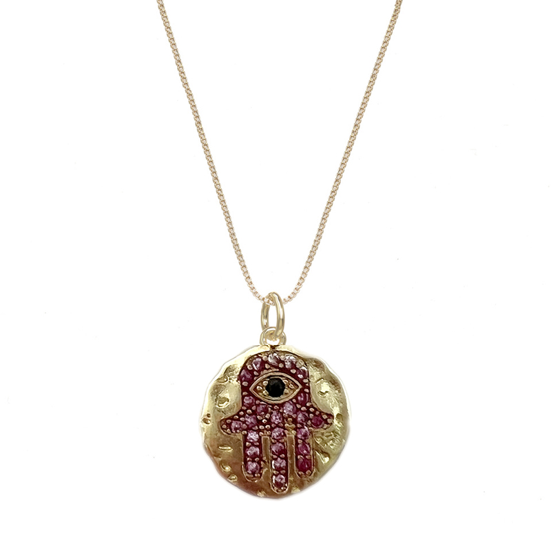 Gold and Red Hamsa Circle Necklace
