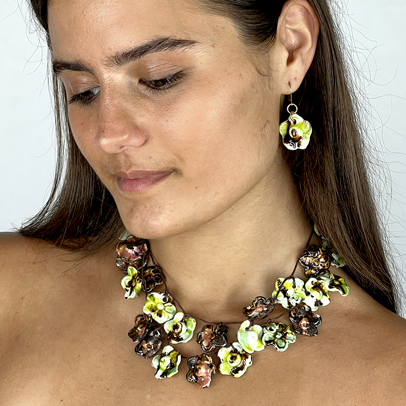 Rustic Green Flower Necklace & Earrings Set
