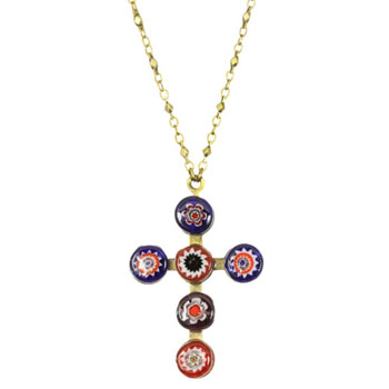 Red & Blue Millefiori Crystal Cross Necklace