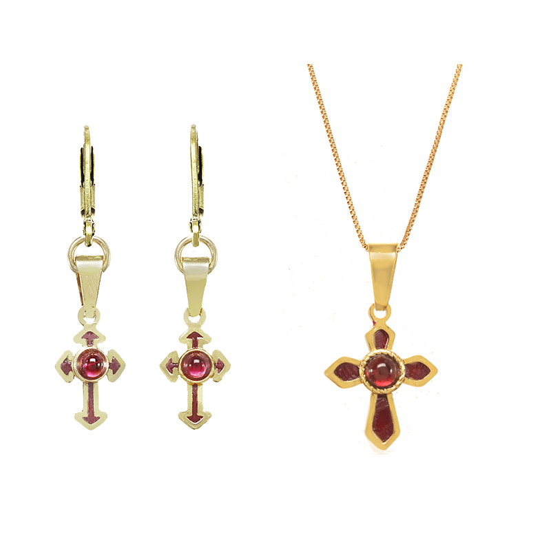 Garnet & Gold Cross Necklace & Earrings Set
