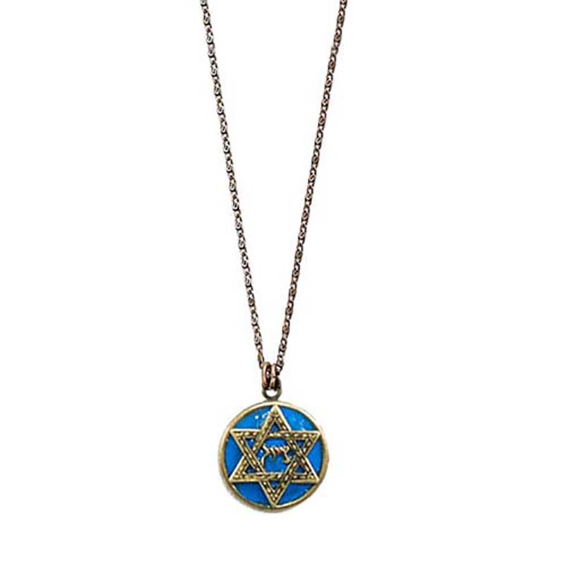 Blue and Gold Star of David Circle Necklace