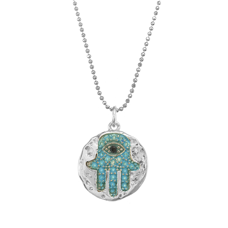 Silver and Turquoise Hamsa Coin Necklace