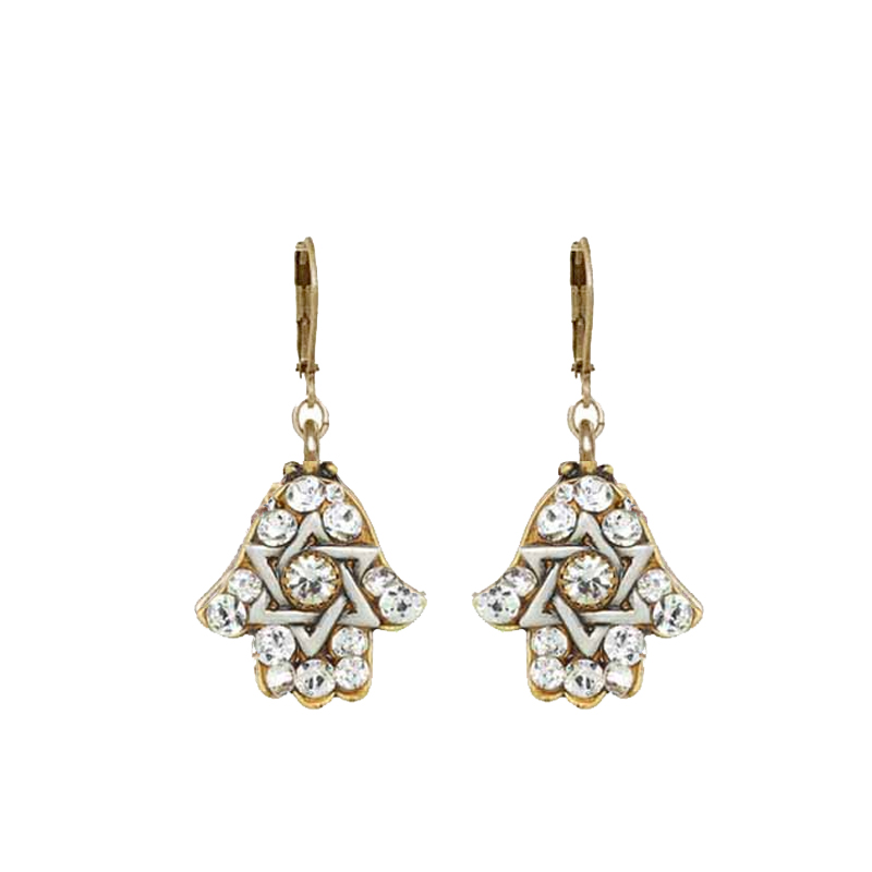 Gold & Crystal Star of David Hamsa Earrings