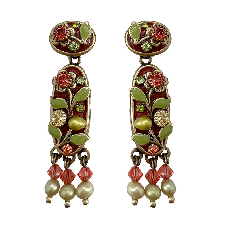 Red & Green Floral Oval Earrings