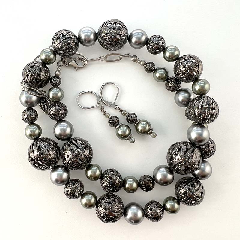 Silver Glass Bead Necklace & Earrings Set