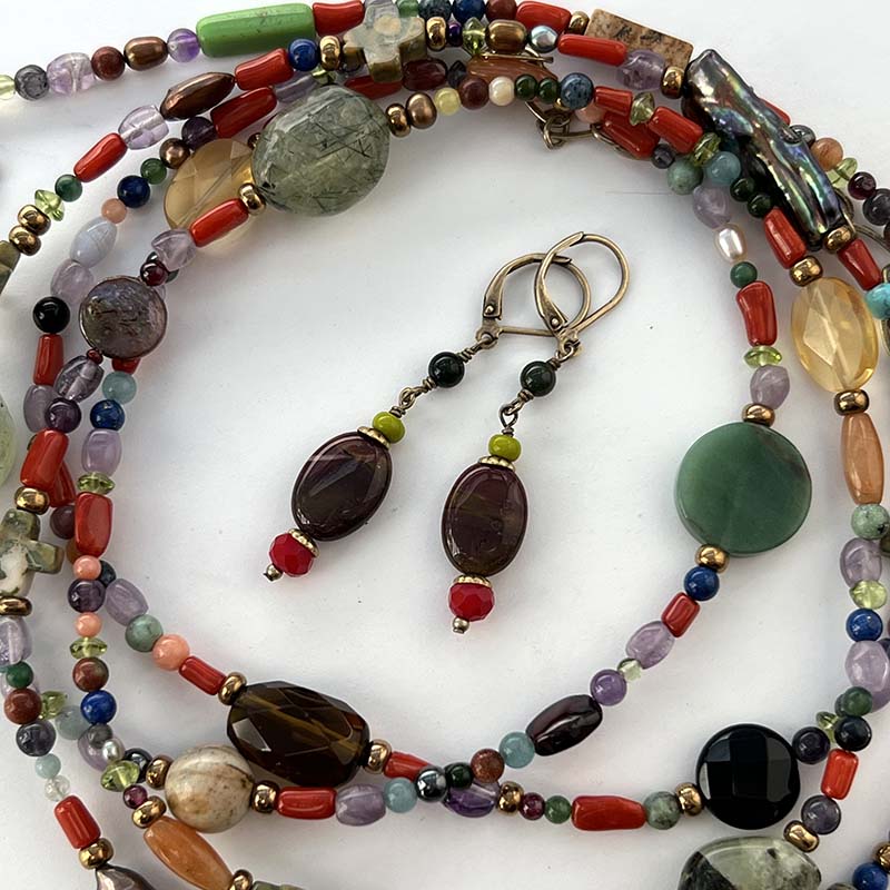 Bright Gemstone & Pearl Beaded Necklace & Earrings Set