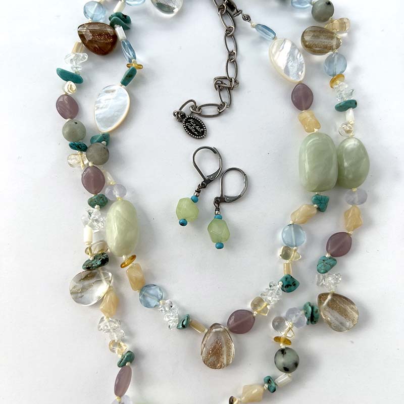 Light Gemstone Beaded Necklace & Earrings Set