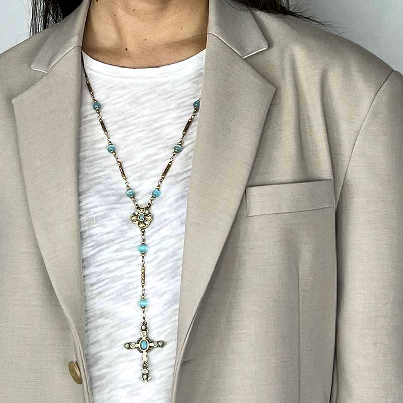 Ornate Turquoise Long Cross Necklace