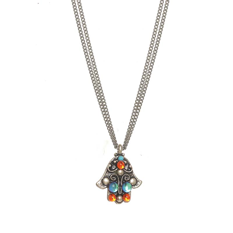 Coral & Turquoise Silver Hamsa Necklace
