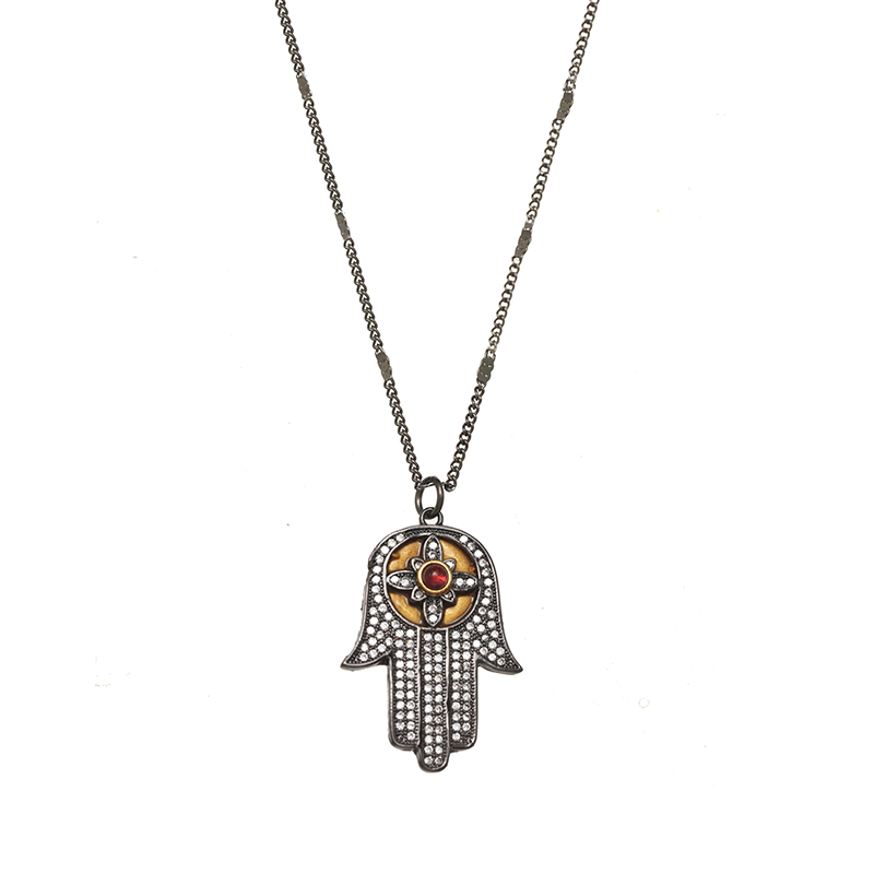 Garnet & Crystal Silver Hamsa Necklace