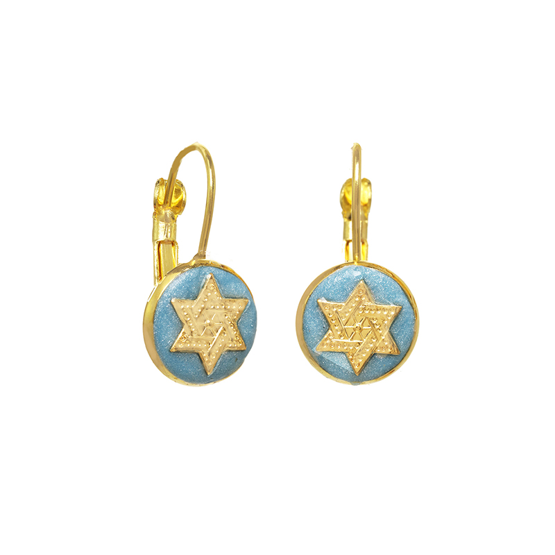 Light Blue & Gold Star of David Circle Earrings