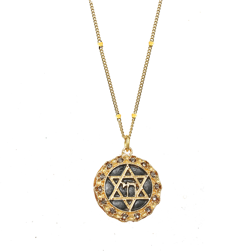 Black & Gold Star of David Circle Necklace