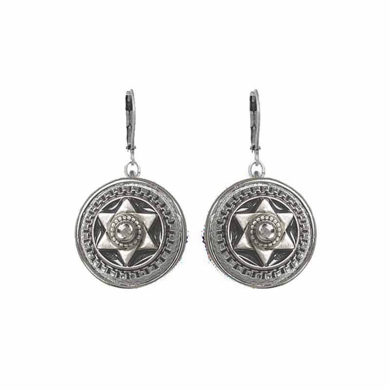 Silver Star of David Circle Dangling Earrings