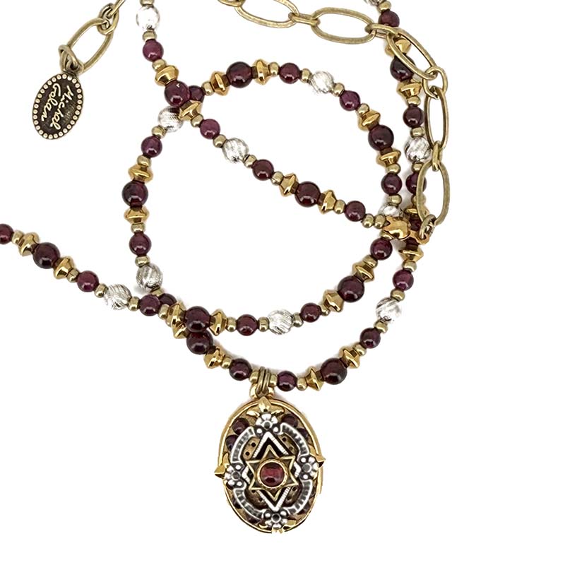 Star of David Garnet Oval Beaded Necklace