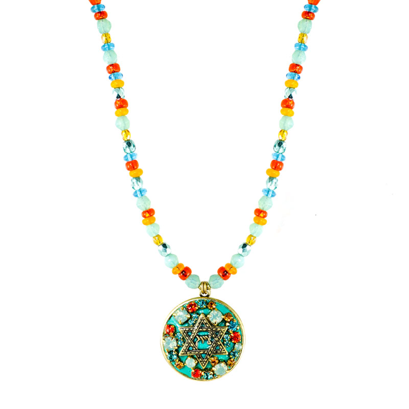 Turquoise & Coral Round Star of David Necklace