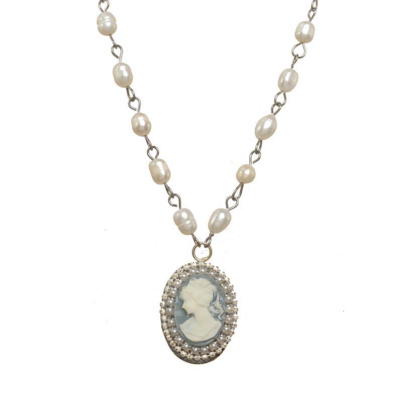 Powder Blue & Pearl Cameo Necklace