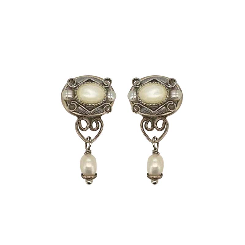 Silver Pearl Oval Dangling Earrings