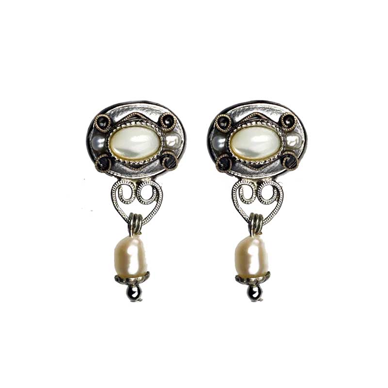 Silver Pearl Oval Dangling Earrings