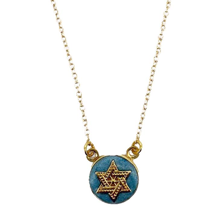 Blue and Gold Star of David Circle Necklace