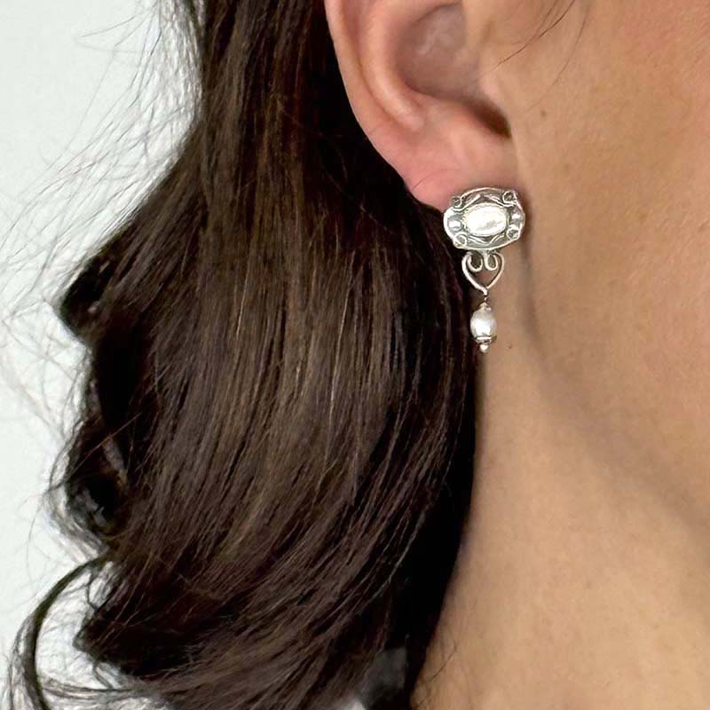 Silver Pearl Oval Dangling Earrings