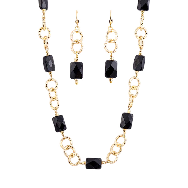 Jet Black Beaded Necklace & Earrings Set